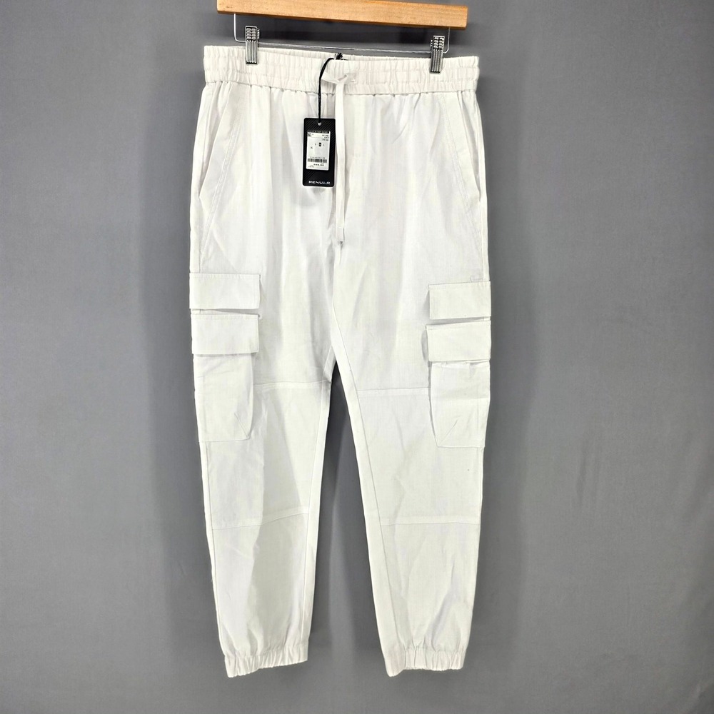 Renuar Cargo Jogger Pants Mens Medium White Linen Blend Utility Streetwear NEW
